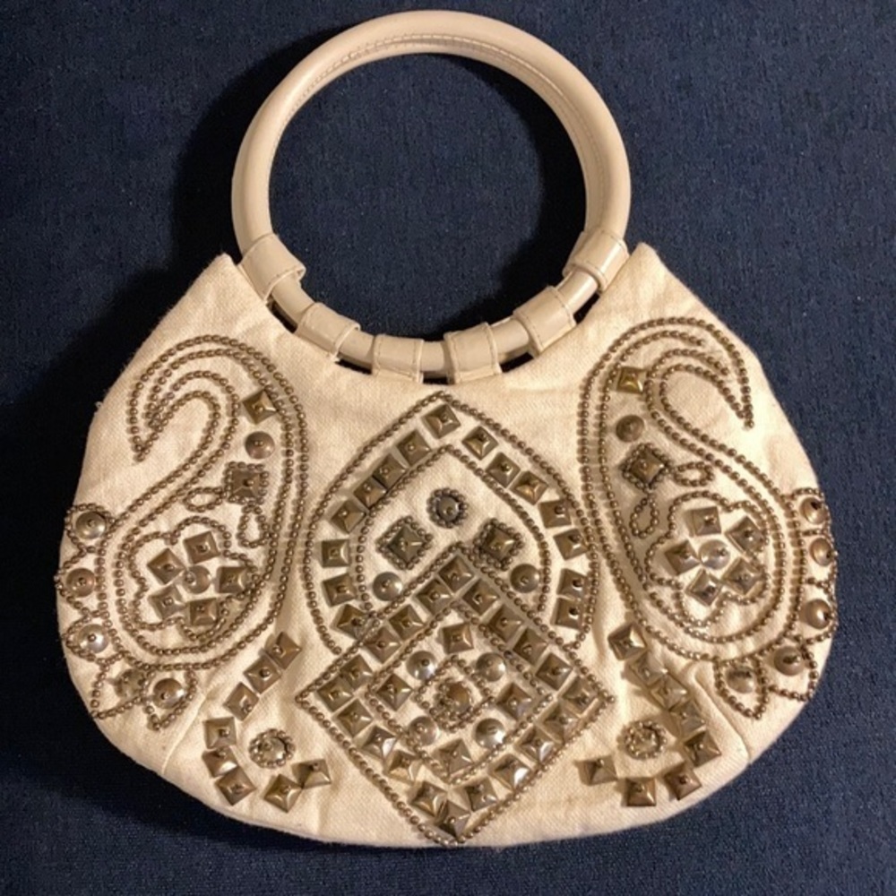 Moyna metal studded/beaded handbag with large ringed handles